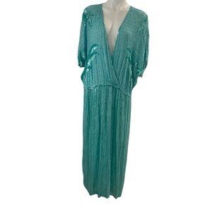 Vintage Fantasy Lisa Kane 18 Silk Aqua Long Dress Sequin Beaded Wrap Formal Maxi